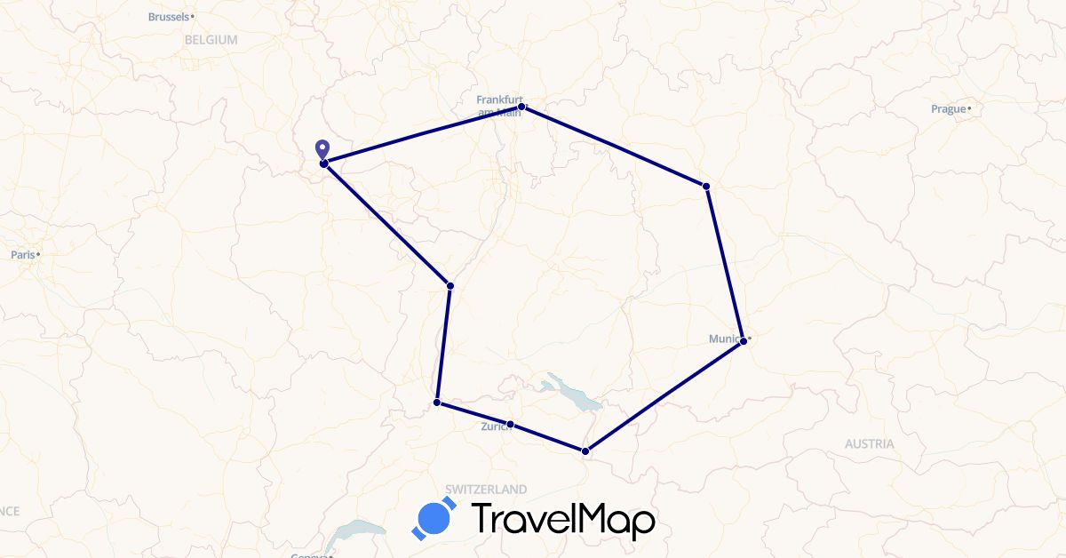 TravelMap itinerary: driving in Switzerland, Germany, France, Liechtenstein, Luxembourg (Europe)